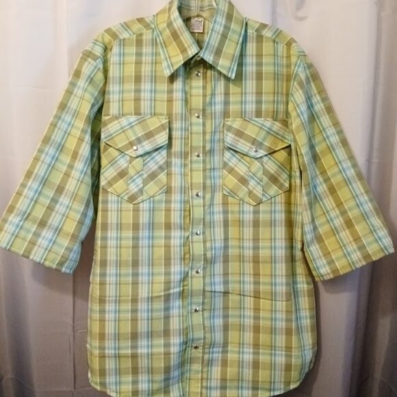 New Mens Western Cowboy Snap Shirt M Plaid short sleeve Mint Olive Blue collared - Picture 1 of 9